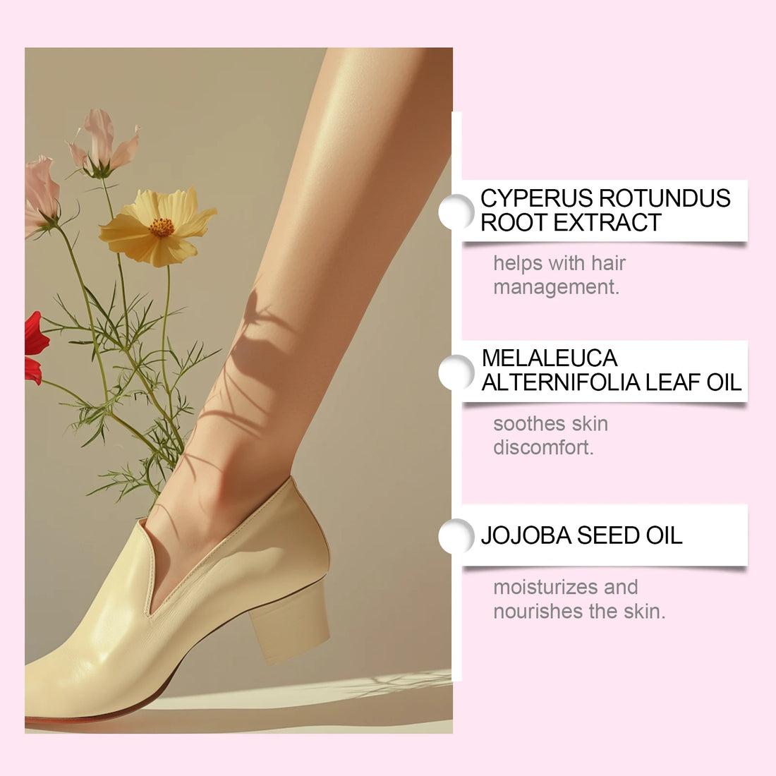 Ingredientes de SedaEssence: Cyperus rotundus, árbol del té y jojoba